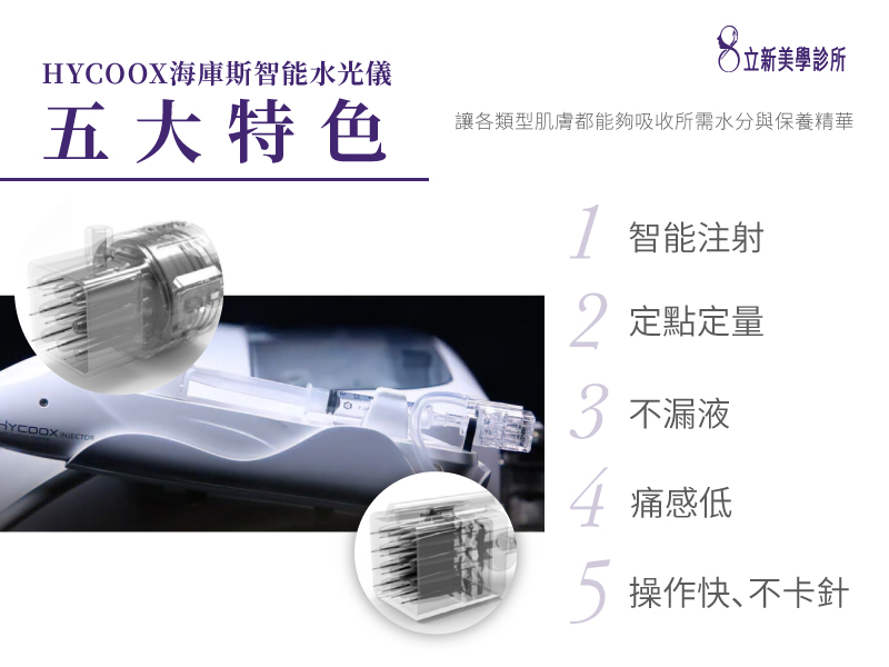 HYCOOX海庫斯智能水光儀 讓各類型肌膚都能夠吸收所需水分與保養精華 五大特色:1.智能注射 2.定點定量 3.不漏液 4.痛感低 5.操作快、不卡針